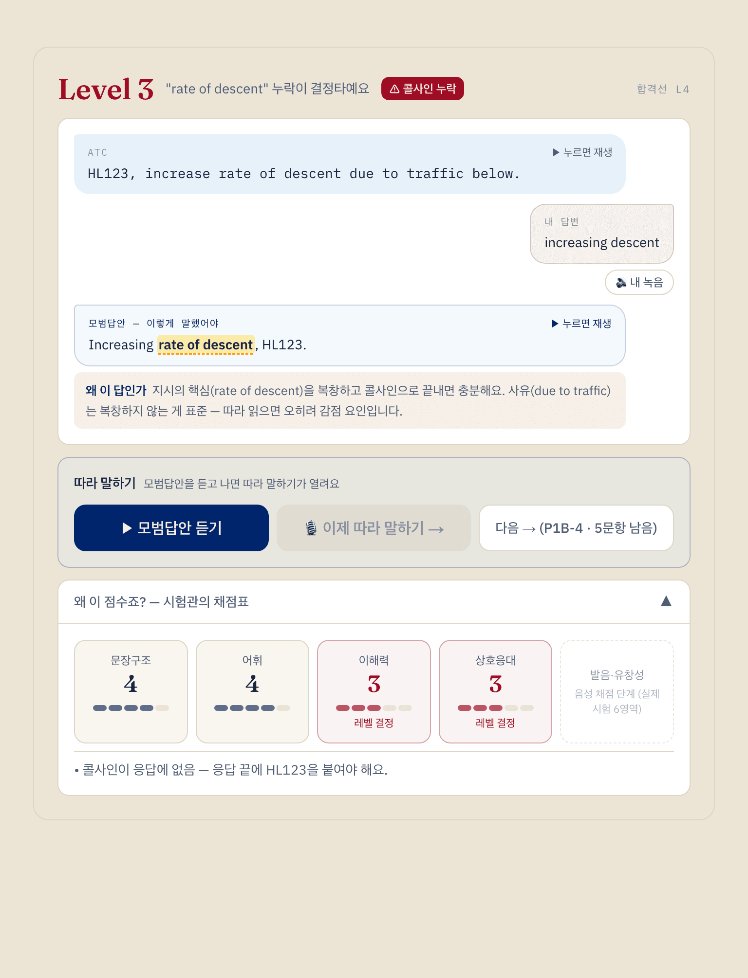 EPTA Coach 채점 화면 — Level 3, 6영역 시험관 채점표, 모범답안, 왜 이 답인가